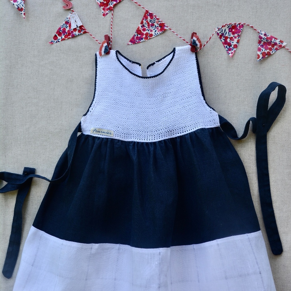 Petite Fournier navy & white linen dress with hand knit top - 9 - 12 months